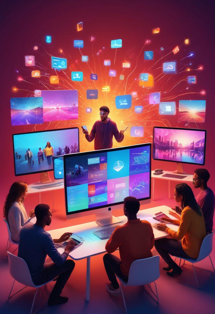 An artistic representation of a diverse group of people engaging with various streaming devices like laptops and smartphones, surrounded by colorful abstract visuals representing video content and online interactions. Include elements of modern technology, intimacy, and digital engagement, with warm glowing lights and playful graphics. vibrant colors. 3D.