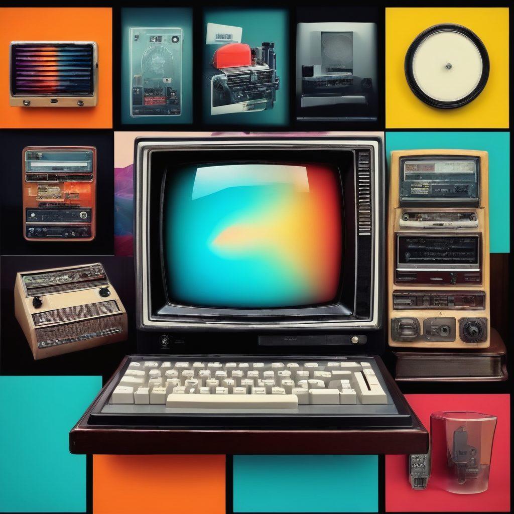 A visually striking collage that juxtaposes vintage adult blog elements with modern video content, featuring an old-school computer with retro graphics alongside a sleek smartphone playing an adult video. The background should include a transition from dark, moody tones to bright, vibrant colors symbolizing the evolution of the industry. Incorporate subtle icons representing key themes like community, technology, and creativity, all set against a dynamic abstract backdrop. super-realistic. vibrant colors. 3D.