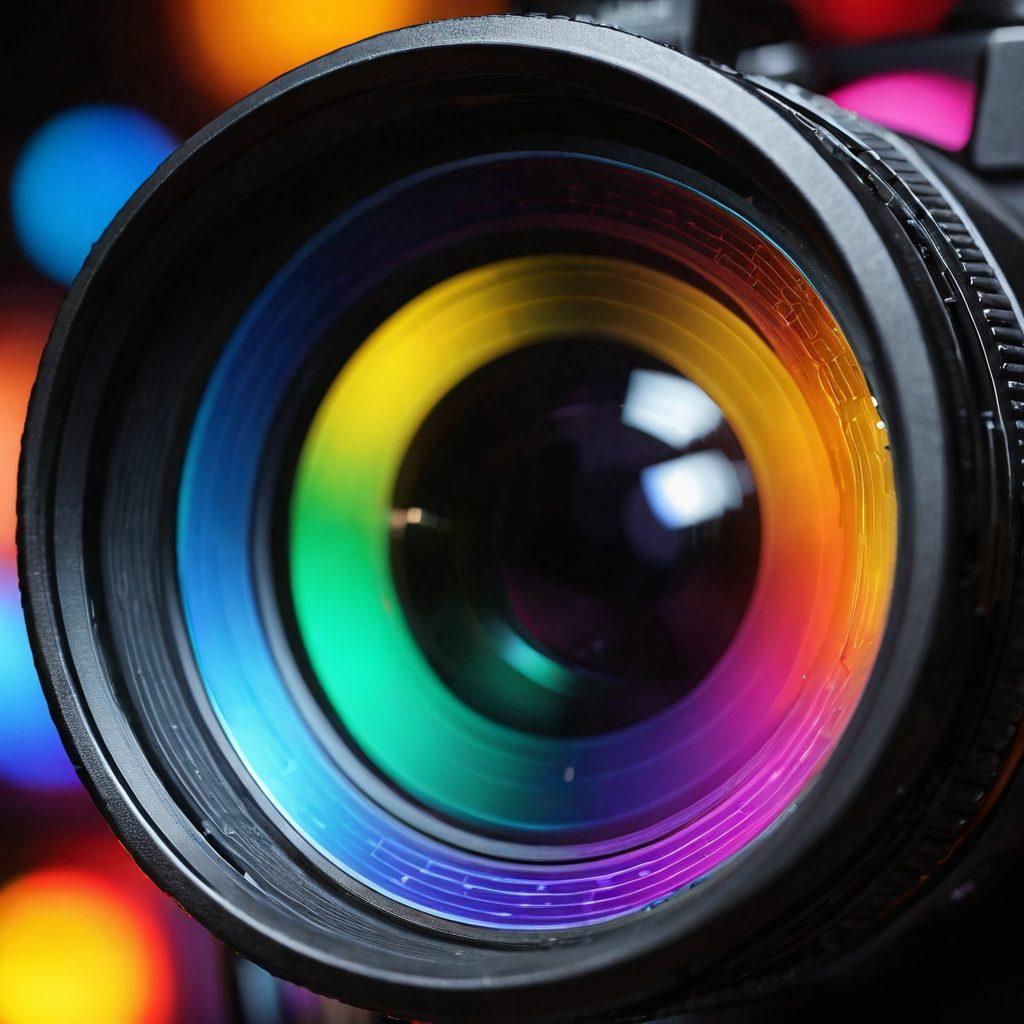 A dramatic close-up of a camera lens reflecting colorful multimedia scenes, such as video clips and vibrant graphics related to adult entertainment. Surrounding the lens are subtle hints of shadows and silhouettes, representing the various aspects of the industry. A soft spotlight highlights the lens, creating a sense of focus and intrigue. The background is blurred to emphasize the lens' importance. surrealistic. vivid colors. dark background.